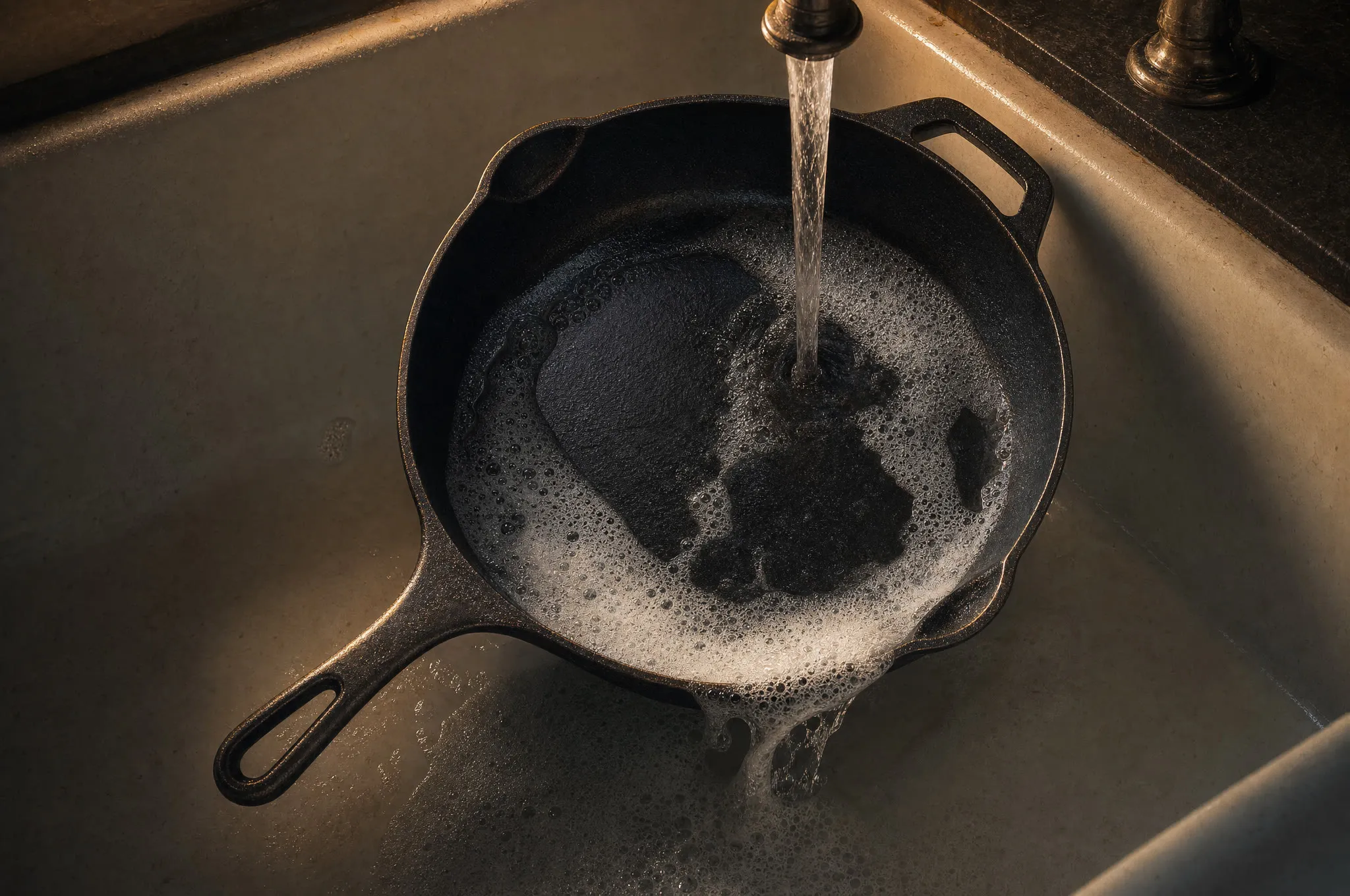 Soap suds sliding off a cast iron skillet under running water in a farmhouse sink