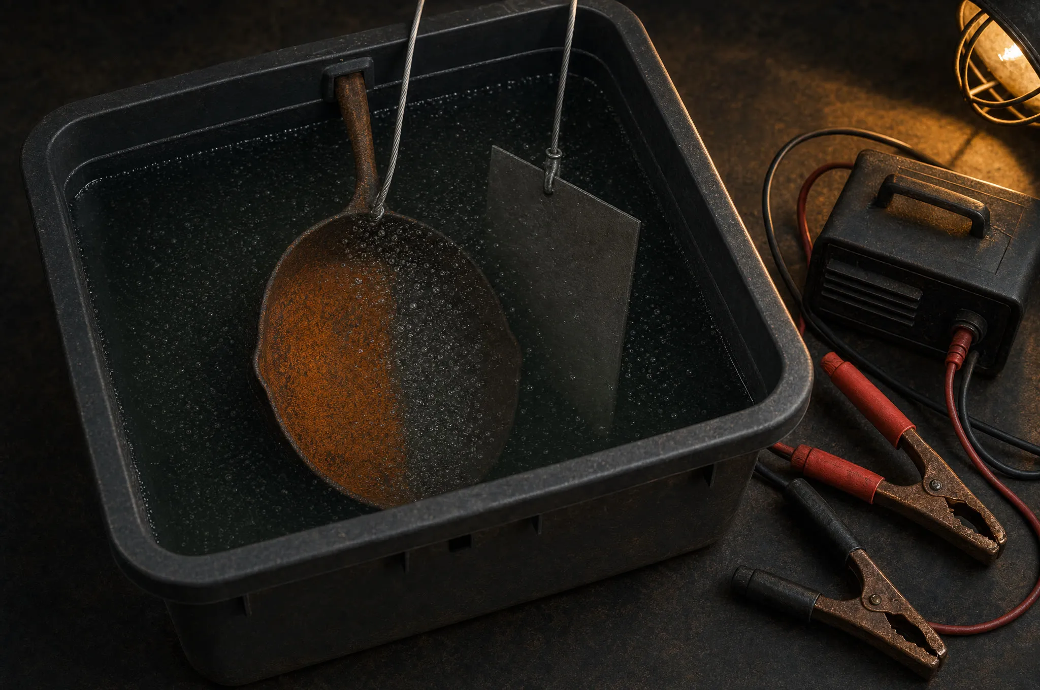 Garage electrolysis tank: skillet suspended in a water-filled tote beside a steel anode, battery charger clamps on the bench