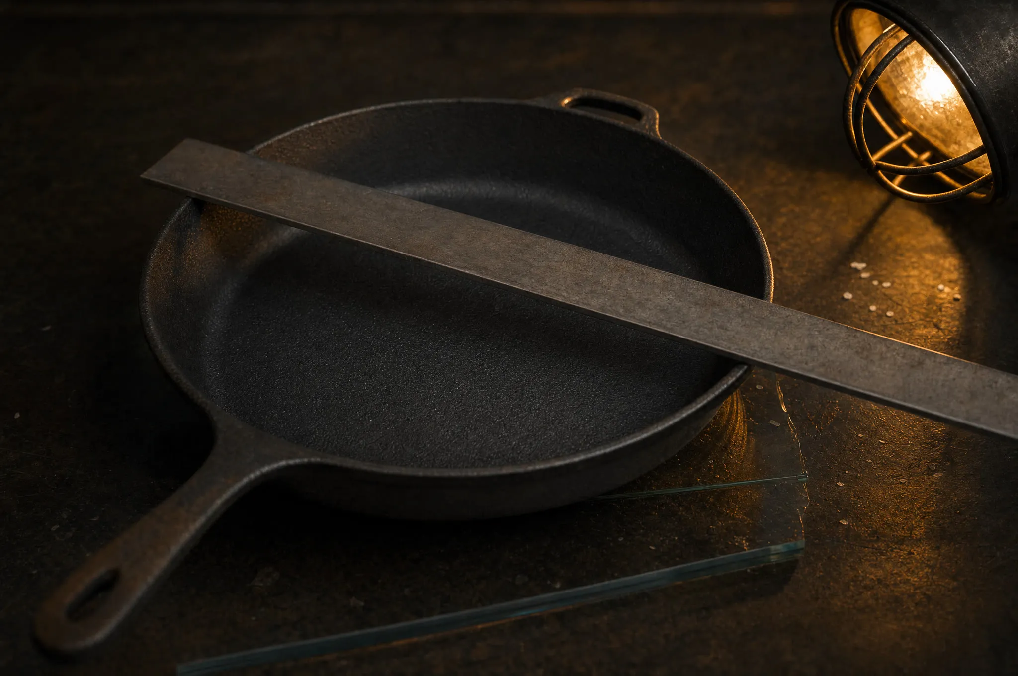 Cast iron skillet on a flat glass surface with a gap visible under one edge and a straightedge across the rim