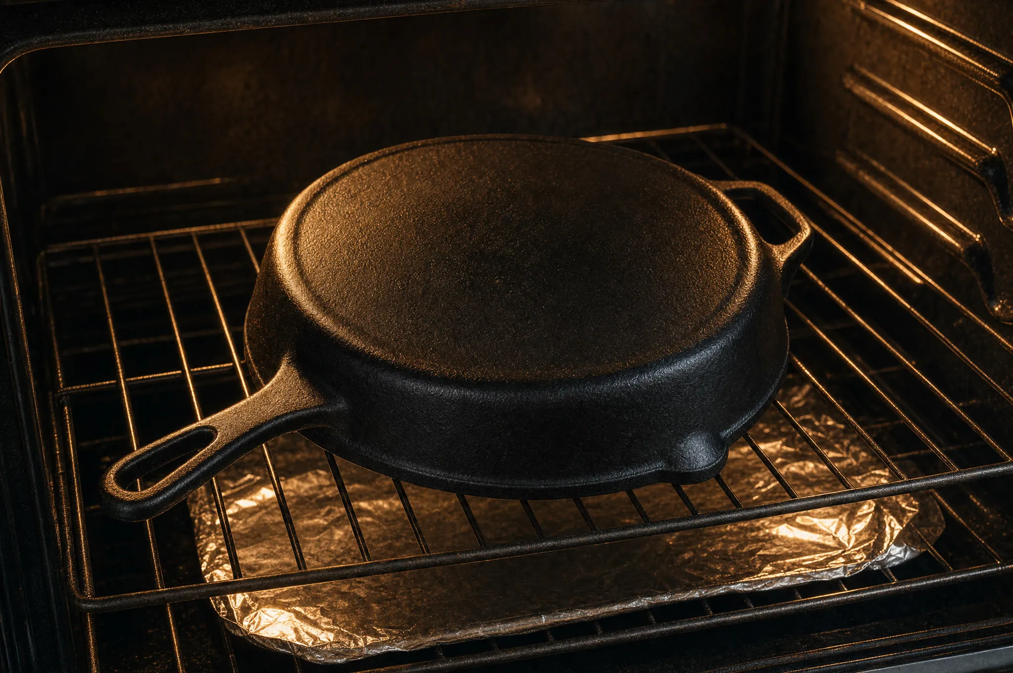 Cast iron skillet upside down on an oven rack with foil on the rack below, warm oven glow