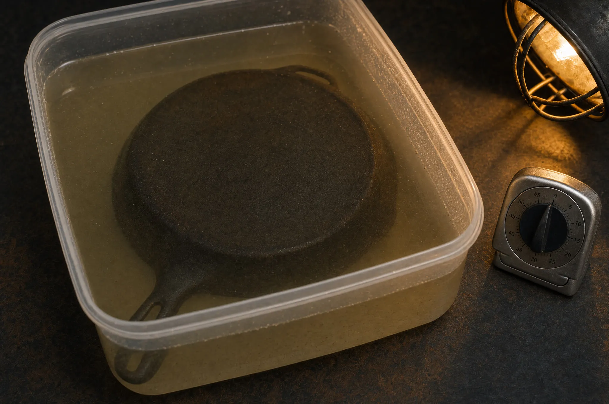 Skillet submerged in a 50/50 vinegar bath with a kitchen timer standing beside the container